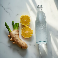 A minimalist food photography style features a flat lay of fresh ginger root, lemon, and sparkling water on a white marble surface, lit by natural daylight and a shallow depth of field to highlight th