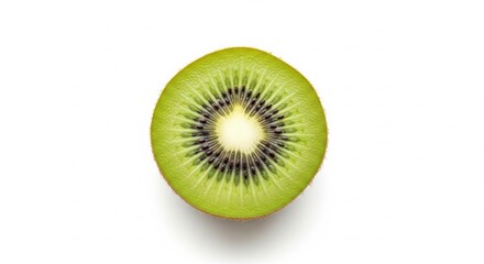 A vibrant close-up of a kiwi fruit slice reveals its juicy green flesh, speckled with black seeds and a creamy white center, perfect for healthy eating and colorful backgrounds