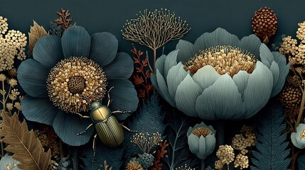   A vivid depiction of a blue flower surrounded by various flora and fauna