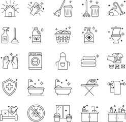 Cleaning equipment outline icons set – tools, sanitation, household symbols
