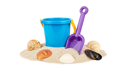 Summer Fun Bright blue bucket seashells and purple shovel on warm sand evoke joyful beach days on transparent background