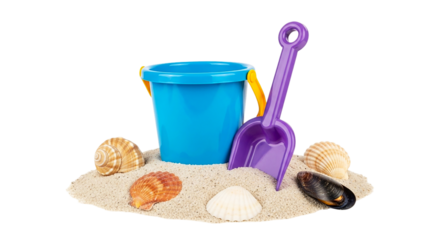 Summer Fun Bright blue bucket seashells and purple shovel on warm sand evoke joyful beach days on transparent background