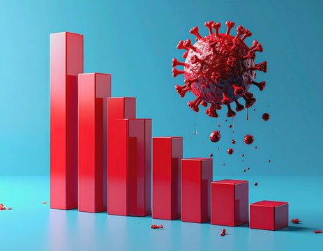 A declining red bar chart next to a dripping red coronavirus model, illustrating the pandemic's impact on the economy.