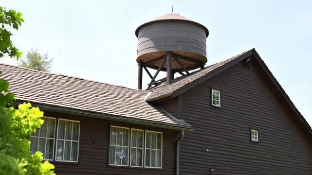 An antique wooden building with a rustic water tank perched on its rooftop