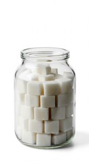 A glass jar filled to the brim with neatly stacked white sugar cubes, creating a visually striking pattern against a clean, white background for confectionery design .