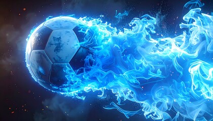 Soccer ball engulfed in vibrant blue flames