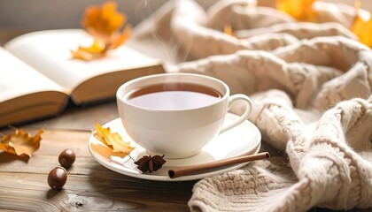 A warm, cozy autumnal scene steaming tea in a white cup with a book, sweater, leaves, cinnamon & wood