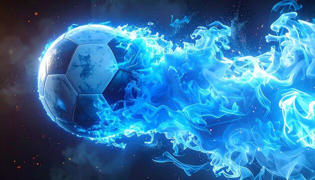 Soccer ball engulfed in vibrant blue flames