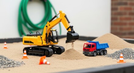 Miniature construction site with a yellow excavator digging sand, a dump truck, cones, and gravel.