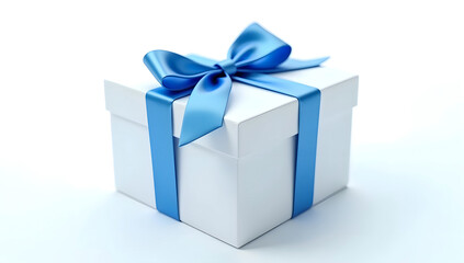 White gift box tied with blue ribbon on clean background