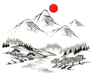 chinese simple landscape drawing line art eps