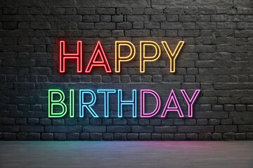 Colorful Neon Happy Birthday Sign Against Dark Brick Wall and Concrete Floor neon sign celebration Birthday Background