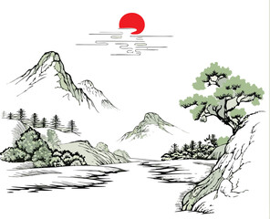  chinese simple landscape drawing line art vector eps