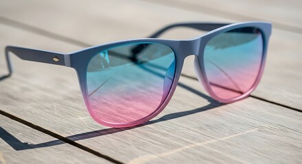 Stylish Sunglasses with Gradient Lenses Resting on a Wooden Surface