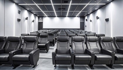 Fototapeta premium Modern Cinema Interior Featuring Rows of Black Leather Seats and a Projection Screen