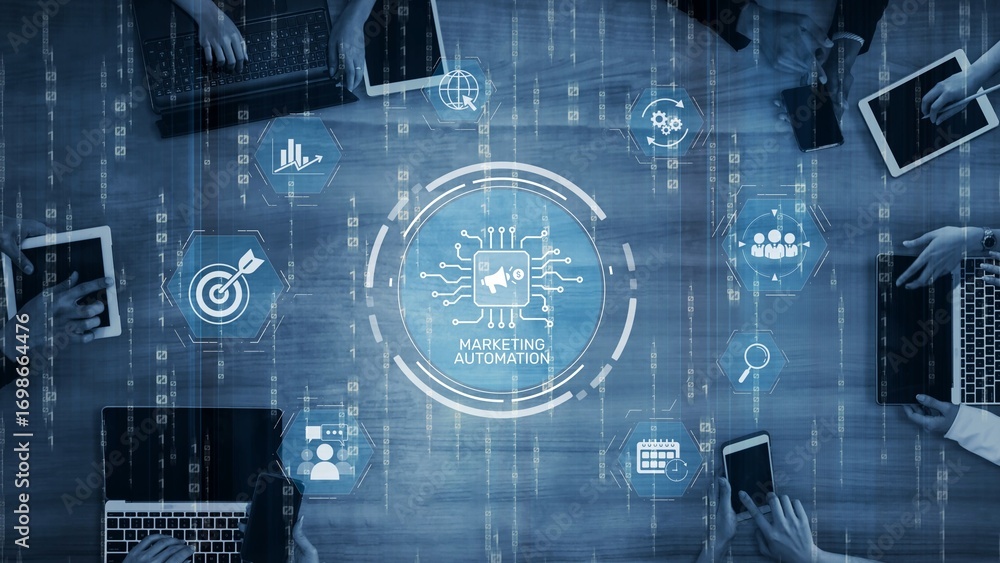 Poster marketing automation diagram showcase ai-driven campaign workflow, highlight marketing automation, d