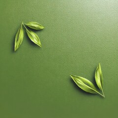 A minimalist composition featuring vibrant green leaves placed on a textured green surface, evoking a sense of tranquility and connection to nature.