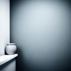 A minimalist interior space featuring a serene blue wall and a simple white vase. Ideal for themes of tranquility, calm living, and modern design aesthetics.