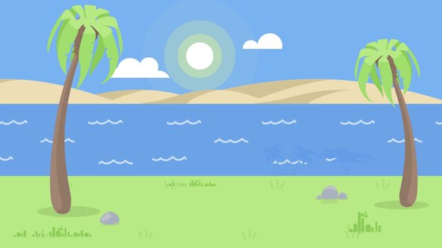 Flat design tropical water scene with palm trees Keywords: tropical, water, flat design