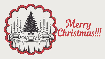 Modern Horizontal Poster with Ink Minimal Line Food and Drinks. Christmas Dinner Table Chalk Drawing Vector Set for New Year Celebration, Wall Decor, and Invitations