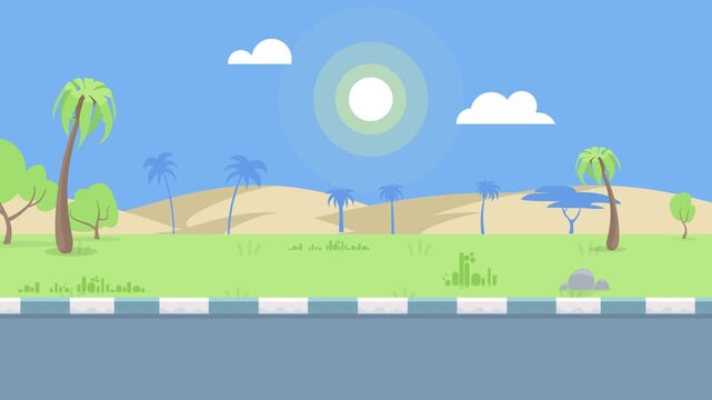 Flat design desert landscape with palm trees and road Keywords: desert, landscape, flat design