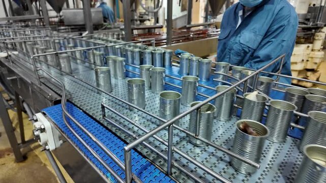 Canning Factory Conveyor Belt: Rows of metal cans move along a busy conveyor belt in a food processing factory, with workers in the background overseeing the production line.