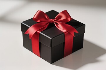 Obraz premium This elegantly styled black gift box, beautifully adorned with a vibrant red ribbon, is perfect for special occasions
