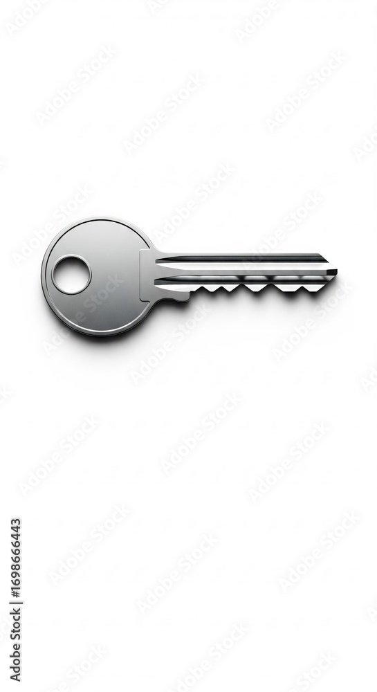 Fototapete A Shiny Silver Metal Key Lying on a White Surface, Reflecting Light with Precision, Demonstrating Security and Access Solutions with a Modern Design and High-Quality Rendering