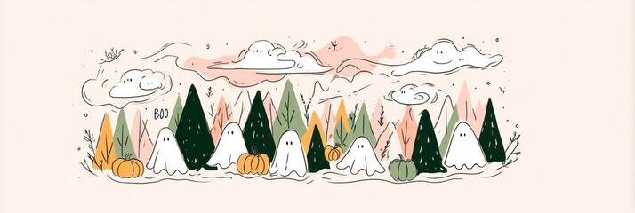 Playful ghosts are illustrated among vibrant pumpkins and colorful autumn foliage, capturing the festive spirit of Halloween in a delightful outdoor setting, banner