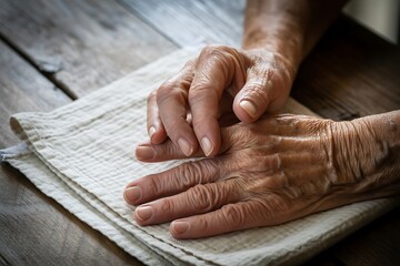 Fototapeta premium Gentle touch of weathered hands resting on soft cloth evokes warmth, comfort, and the beauty of aging, a poignant symbol of life's journey.