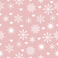 Snowflake and Heart Pattern, Pink Winter Background