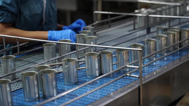 Canning Production Line: Rows of aluminum cans move along a conveyor belt in a sterile factory environment, overseen by gloved hands, highlighting automated food processing.