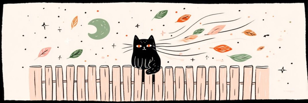 A black cat perches on a railing while swirling leaves float around it. A flickering lantern casts a warm glow, while a crescent moon and whimsical flames enhance the fall atmosphere, banner