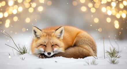 Obraz premium Sleeping fox curled in snow, soft bokeh lights, winter serenity