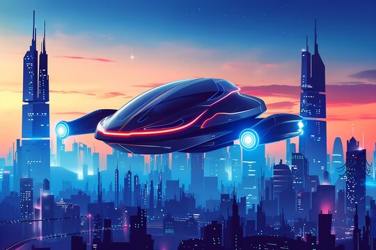 Futuristic cityscape with a sleek, glowing spacecraft soaring above towering buildings