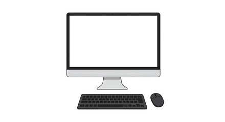 Simple Illustration of a Computer Setup with Monitor, Keyboard, and Mouse