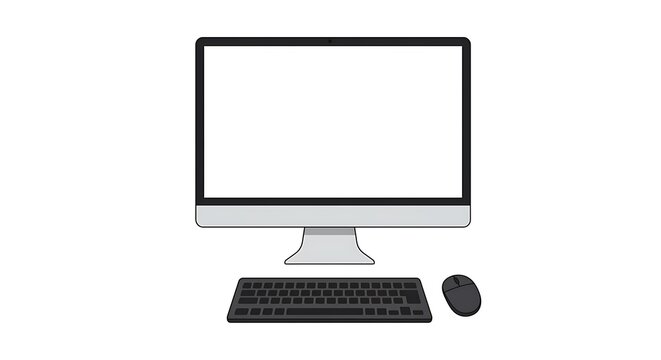 Simple Illustration of a Computer Setup with Monitor, Keyboard, and Mouse