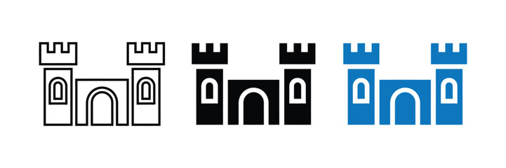 Fototapeta premium Set of castle icons in outline, black, and blue on transparent background