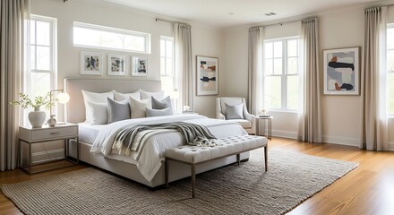 Serene bedroom with neutral tones, abstract art, and soft natural light