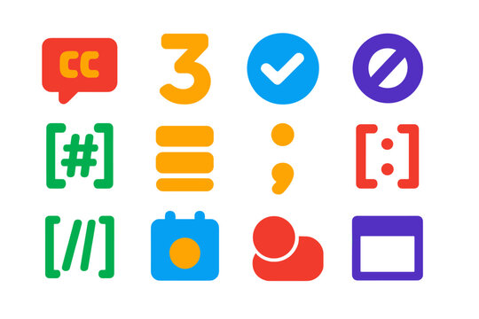 Ruby Data Type Icons. Flat vector icons of Ruby data types: string icon, number value, boolean symbol, nil icon, hash icon, array