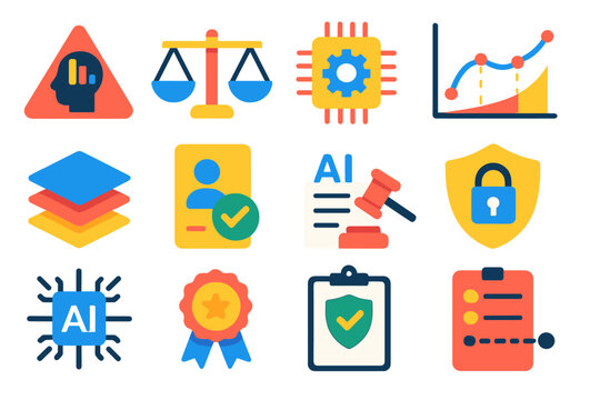 AI Ethics Icons. Flat vector icons of AI ethics and safety: bias alert icon, fairness scale, ethical algorithm, explainability