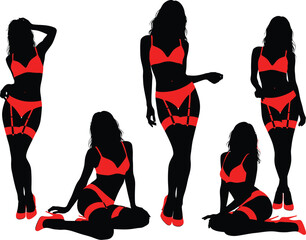 Silhouettes of five women in vibrant red lingerie posing dynamically against a clean white background