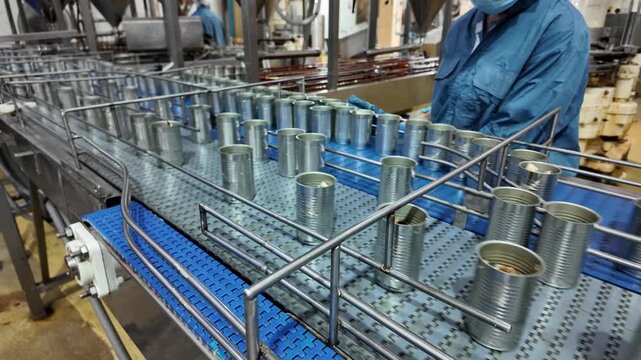 Food Canning Production Line: An automated food processing line with rows of empty cans moving along a conveyor belt, ready for filling and sealing in a food manufacturing facility.