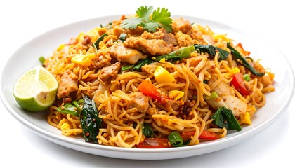 Plate of stir-fried noodles with chicken