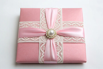 Pink Gift Box Wrapped with Lace Ribbon and Pearl Brooch present wrapping Birthday Background