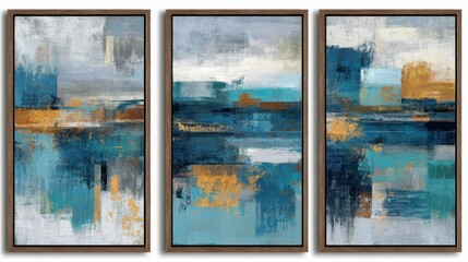 Abstract triptych artwork with blue and orange brushstrokes in wooden frames