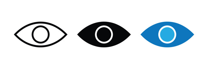 Three stylized eye icons in black outline, solid black, and blue, isolated on transparent background