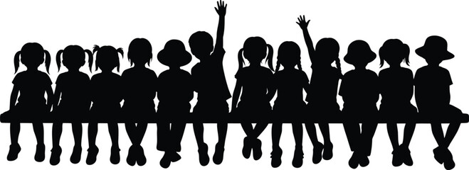Silhouette of diverse group of happy children sitting together in a row on a bench celebrating childhood friendship and unity