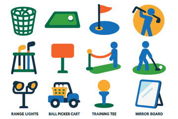 Modern Golf Icons. Flat vector icons of driving range: ball basket, practice mat, target flag, swing trainer, range club rack,
