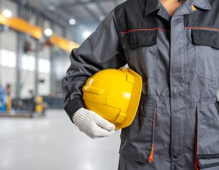  A construction worker in a grey uniform and gloves holds a yellow hard hat, with a factory-like setting in the background.